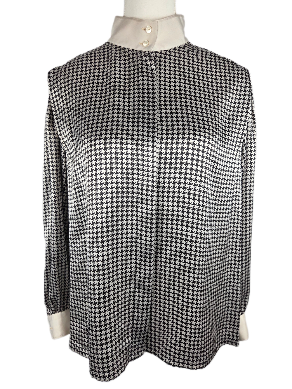 Vintage Louis Féraud Houndstooth Mock Neck Blouse - Black & White Satin